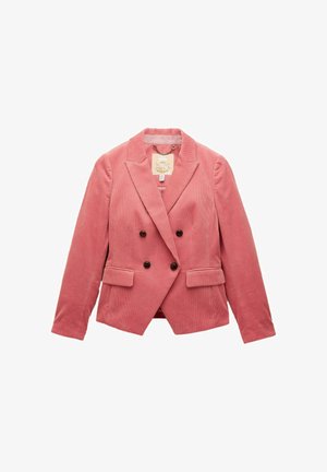 Sacou dublu din catifea roz pentru femei, cu rever în formă de acoladă și două buzunare frontale cu clapetă, expus plan pe fundal alb.