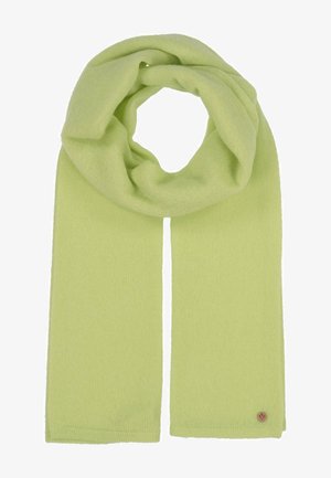 Light green knitted scarf, soft texture, rectangular shape, with one side featuring a small logo accent on the edge.