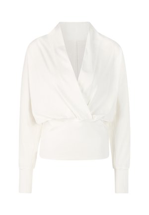 White long-sleeve top featuring a wrap design, elastic waist, and soft texture. Simple and minimalist style with a deep V-neck.