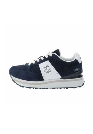 Baskets en daim et mesh navy avec des accents blancs, bout rond, design à lacets, logo sur le côté et semelle en caoutchouc texturée.