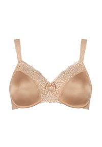 Beige beha met kantdetails op de cups en banden, voorzien van een centrale strikaccent. Zachte, gladde stof met een semi-matte afwerking.