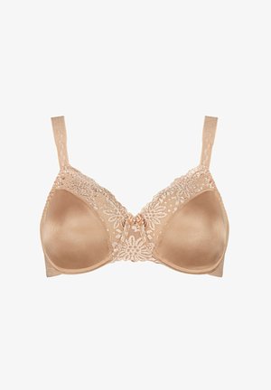 Beige bh med blonde detaljer på kopperne og stropperne, med en central sløjfeaccent. Blødt, glat stof med en semi-mat finish.