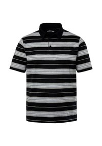 Musta ja harmaa raidoitettu polo paita, jossa on kaulus, kolme nappia ja huomaamaton logo rinnassa. Valmistettu liukkaasta kankaasta.