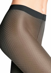 Collants noirs transparents avec un design texturé, dotés d'une taille lisse. Le matériau est fin, offrant une apparence semi-opaque.