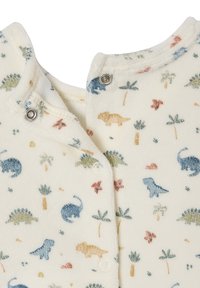 White fluffy baby onesie with colorful dinosaur and plant patterns; features snap buttons along the neckline for easy dressing.