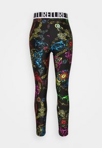 Färgglada svarta leggings med ett livligt blandat mönster av intrikata designer, inklusive blad, kedjor och dekorativa detaljer. Stretchigt material.