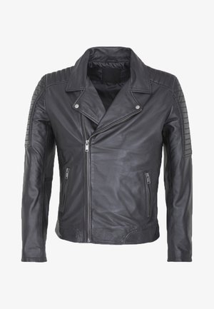 Schwarze Lederjacke mit tailliertem Design, asymmetrischem Frontreißverschluss, gepolsterten Schulterakzenten und zwei seitlichen Reißverschlusstaschen.