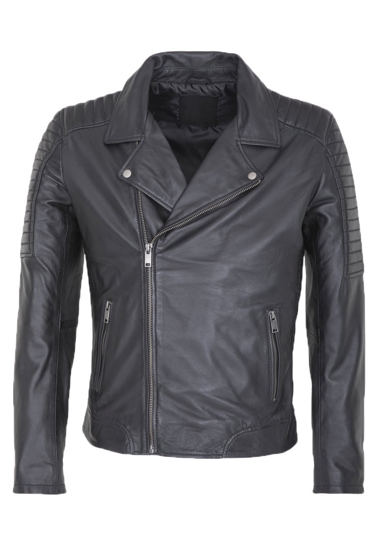 Zwarte leren jas met een getailleerd ontwerp, asymmetrische voorrits, opgevulde schouderaccenten en twee zijzakken met rits.