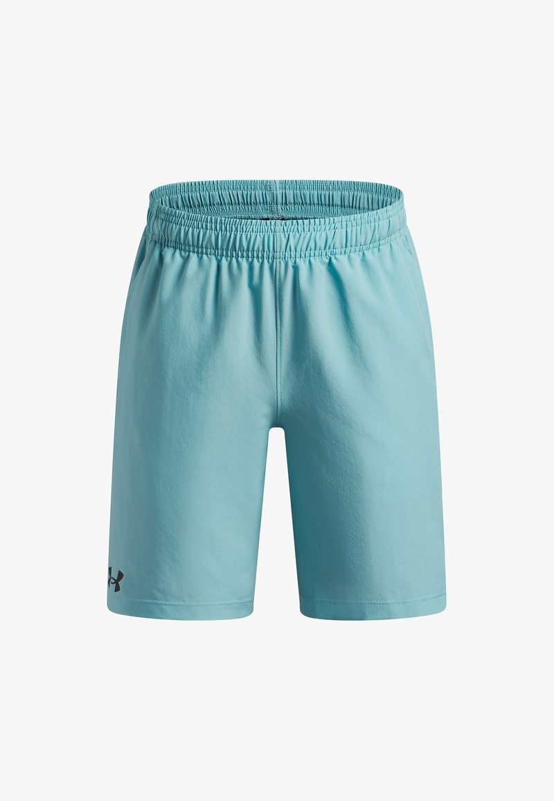 Pantaloncini sportivi azzurri con una cintura elastica, tessuto liscio e un logo nero sul lato inferiore sinistro.