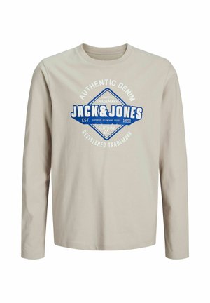 Beeži pikkade varrukatega T-särk, mis on valmistatud puuvillast, millel on sinine graafiline logo, millel on keskel tekst "JACK & JONES" ja ümar kaelus.