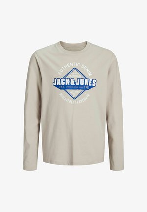 Beige langek mouw t-shirt van katoen, met een blauwe grafische logo met de tekst "JACK & JONES" in het midden en een ronde hals.