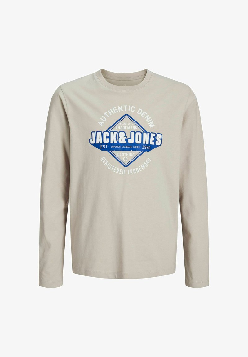 Beżowa koszulka z długim rękawem wykonana z bawełny, z niebieskim graficznym logo z napisem "JACK & JONES" na środku oraz okrągłym dekoltem.