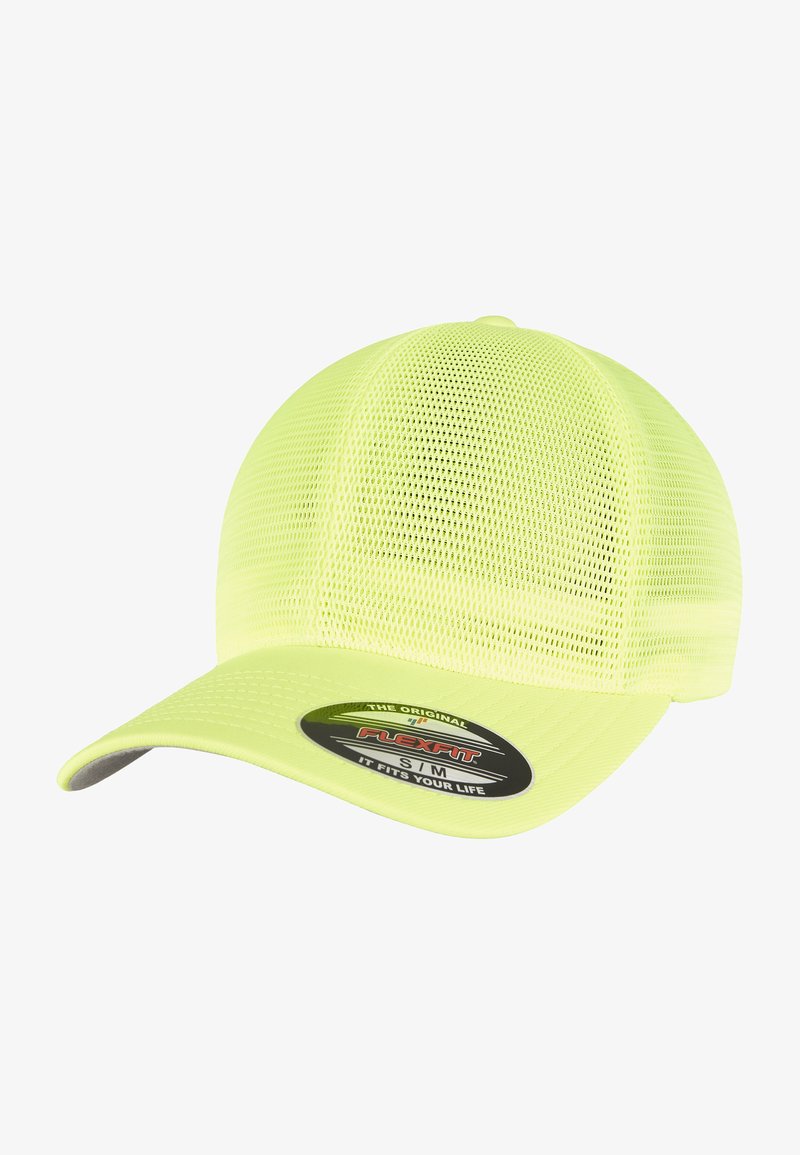 Neon sárga hálós sapka ívelt karimával és légáteresztő kialakítással. Az elején Flexfit márkás matrica található.