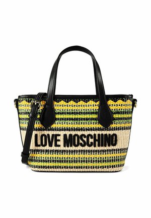 Sac cabas en paille avec poignées noires, motif à rayures jaunes et vertes, et "LOVE MOSCHINO" brodé en noir sur le devant.