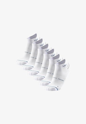 Sechs Paare kniehoher weißer Socken aus atmungsaktivem Material, mit blauen Akzenten und strukturierten Mustern für verbesserten Halt.