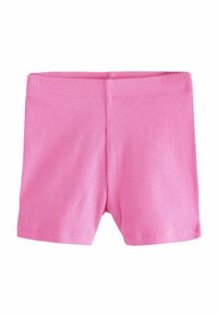 Rosa ribbade shorts med elastisk midja, med en slät yta och en enkel design. Inga synliga mönster eller detaljer.