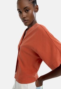 Rdzawopomarańczowa bluzka z krótkim rękawem o dekolcie w kształcie litery V i luźnym kroju, wykonana z lekkiego materiału, z delikatnymi detalami w szyciu.