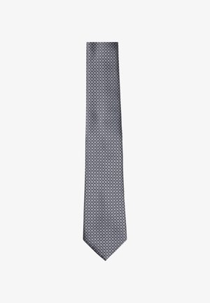 Gray patterned tie with a textured weave, featuring a geometric design in lighter shades, tapered end, and smooth finish.