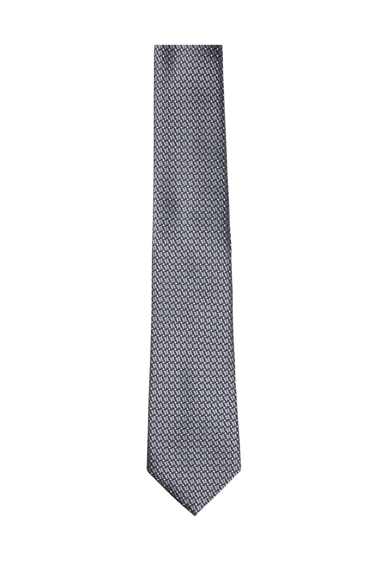 Cravate grise à motifs avec un tissage texturé, présentant un design géométrique dans des nuances plus claires, avec une extrémité effilée et une finition lisse.