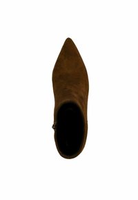 Bottine en daim marron avec un bout pointu, une doublure intérieure noire et une fermeture éclair latérale. Texture lisse avec un design minimaliste.