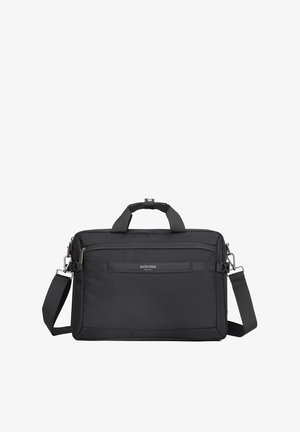 Black laptop bag with a textured fabric, dual top handles, adjustable shoulder strap, and front zippered pocket. Features logo on front.