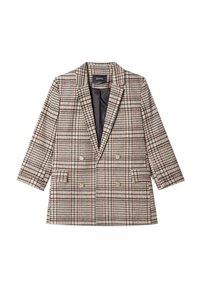 Blazer doppiopetto in un motivo a quadri beige, rosso e blu navy. Presenta un collo a sciarpa, due tasche frontali e dettagli con bottoni metallici.
