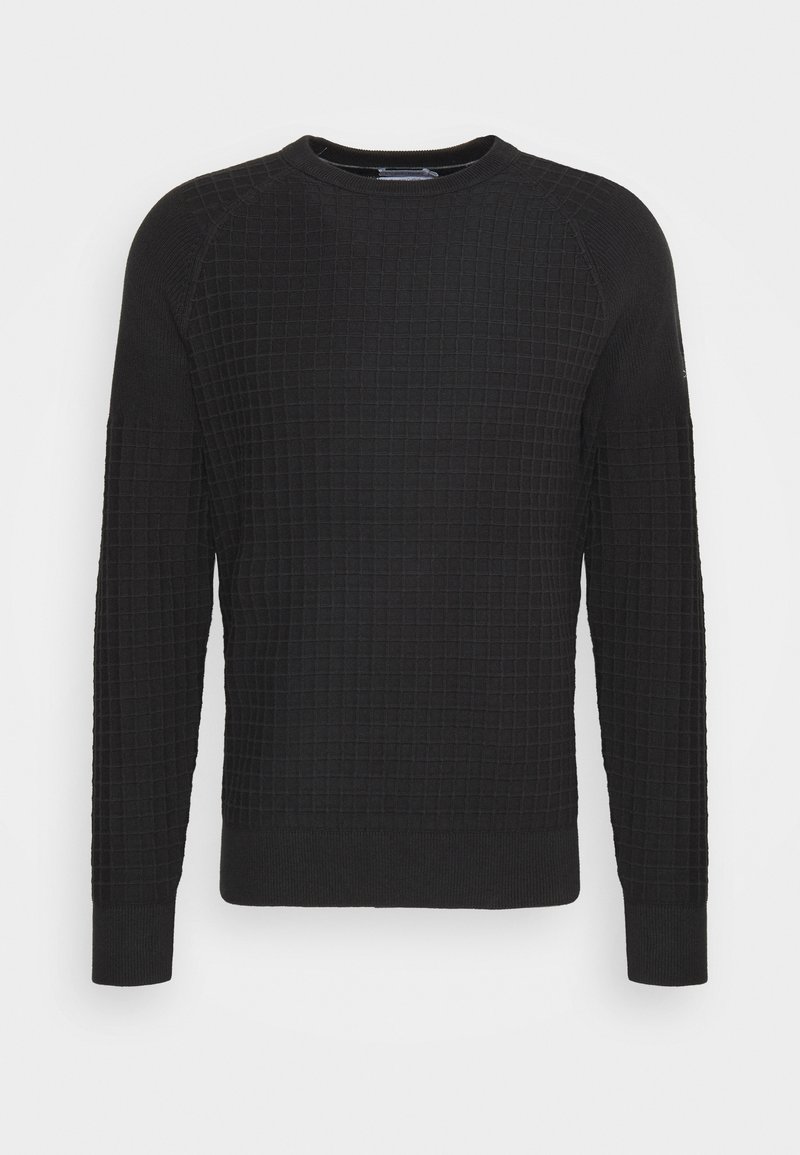 Pullover nero in maglia con un motivo a griglia testurizzato, scollo rotondo e polsini e orlo a costine. Tessuto morbido con una silhouette aderente.
