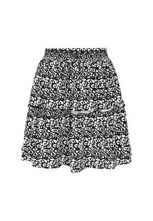 Fustă cu model floral alb-negru, cu talie elastică, având un design întrectat și detalii cu volane la margine.