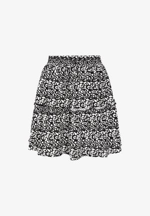 Fustă cu model floral alb-negru, cu talie elastică, având un design întrectat și detalii cu volane la margine.