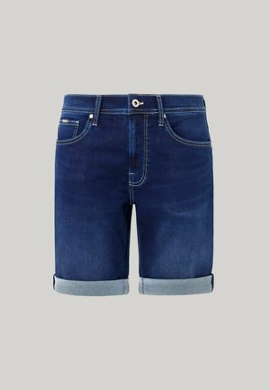 Pantalones cortos de mezclilla en azul oscuro con dobladillo enrollado. Cuenta con cinco bolsillos, cierre frontal con botón y costuras en contraste. Textura suave.