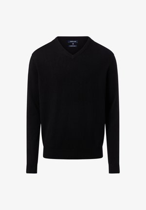 Schwarzer V-Ausschnitt-Pullover aus glattem Strickstoff. Lange Ärmel und enganlieender Saum. Das Etikett trägt die Aufschriften "Andrew James" und "Cashmere-Mischung". Schlichtes Design.