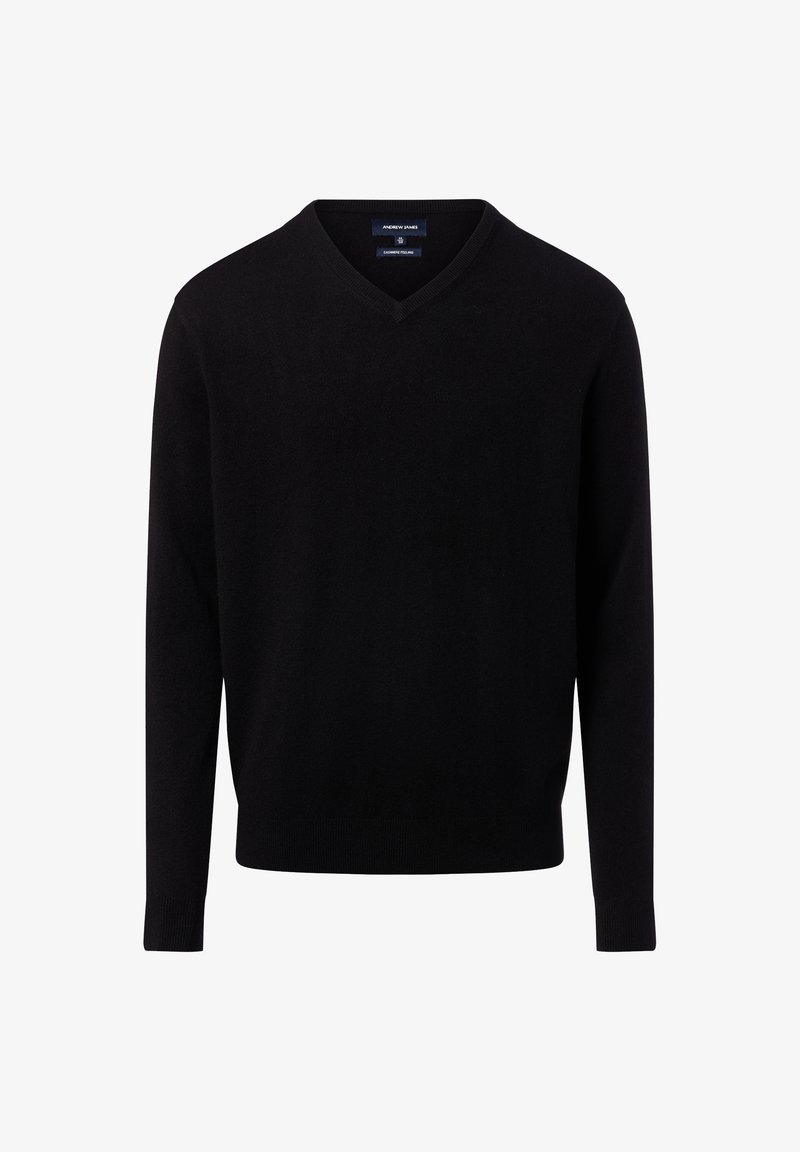 Schwarzer V-Ausschnitt-Pullover aus glattem Strickstoff. Lange Ärmel und enganlieender Saum. Das Etikett trägt die Aufschriften "Andrew James" und "Cashmere-Mischung". Schlichtes Design.