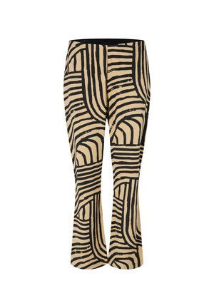 Zwarte en beige gestreepte flarepants met een gedurfde, abstracte gestreepte bedrukkingen en een comfortabele tailleband. Zachte stoftextuur.