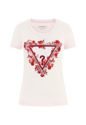 Różowy bawełniany t-shirt z krótkim rękawem, ozdobiony czerwonym kwiatowym trójkątnym nadrukiem z białym napisem na środku.