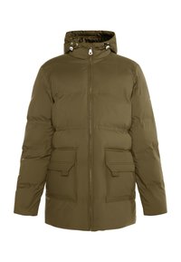 Olijfgroene pufferjack met een rits aan de voorkant, twee frontzakken met flappen, een capuchon en elastische manchetten. Glad materiaal met een zachte textuur.