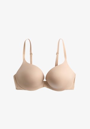 Beige polstret bh med justerbare skulderstropper og glatte formstøbte skåle, designet til støtte og komfort.