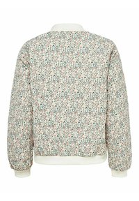 Blouson aviateur à motif floral avec une texture matelassée, présentant des fleurs pastel roses et vertes sur un fond crème, et des poignets en côte blancs.