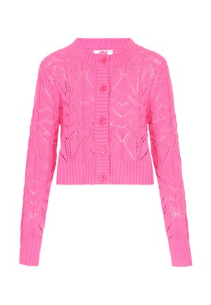 Világos rózsaszín, hosszú ujjú kötött kardigán, gombos elülső résszel, bordázott mandzsettákkal és szegéllyel, csipkeszerű geometriai mintával.