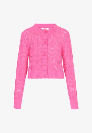 Világos rózsaszín, hosszú ujjú kötött kardigán, gombos elülső résszel, bordázott mandzsettákkal és szegéllyel, csipkeszerű geometriai mintával.