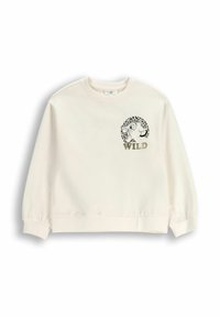 Sweter w kolorze ecru z okrągłym dekoltem, elastycznymi mankietami i grafiką przedstawiającą okrąg w leopardzi wzór oraz napisem "WILD" w złotych literach.