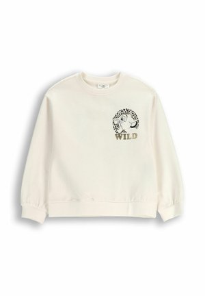 Sweter w kolorze ecru z okrągłym dekoltem, elastycznymi mankietami i grafiką przedstawiającą okrąg w leopardzi wzór oraz napisem "WILD" w złotych literach.