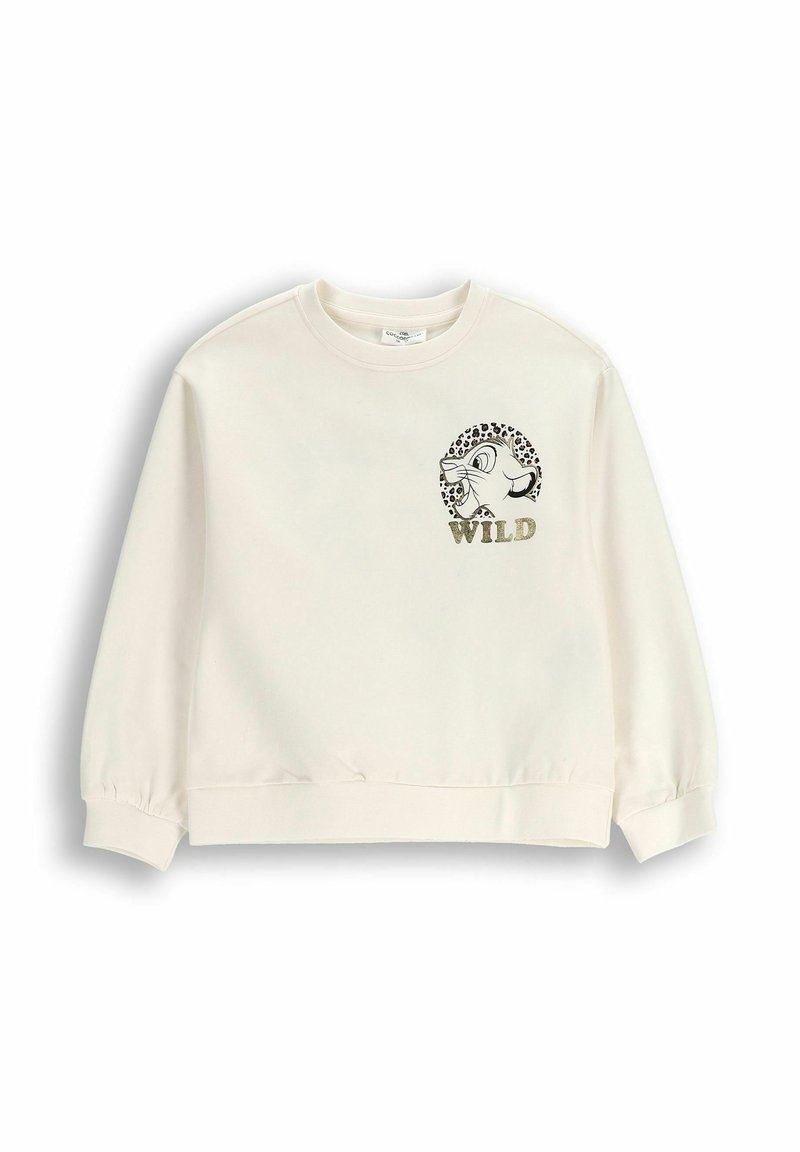 Sweter w kolorze ecru z okrągłym dekoltem, elastycznymi mankietami i grafiką przedstawiającą okrąg w leopardzi wzór oraz napisem "WILD" w złotych literach.