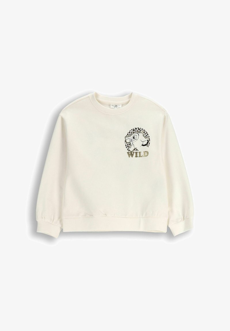Sweter w kolorze ecru z okrągłym dekoltem, elastycznymi mankietami i grafiką przedstawiającą okrąg w leopardzi wzór oraz napisem "WILD" w złotych literach.