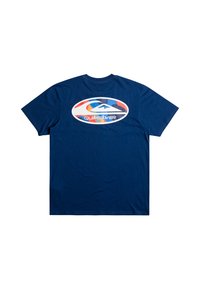 Navy blue cotton t-shirt featuring a large multicolored oval logo with a mountain graphic and “Quiksilver” text on the back. Short sleeves.