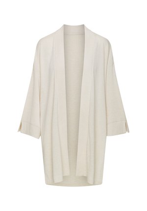 Jasnobeżowy kardigan w stylu kimono, z krótkimi rękawami, otwartym przodem, prążkowaną teksturą i bez zapięć. Miękka, zwiewna tkanina.