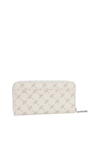 Portafoglio zip-around in pelle liscia di un bianco sporco, caratterizzato da un sottile motivo geometrico e da una zip con tirante in metallo argentato.