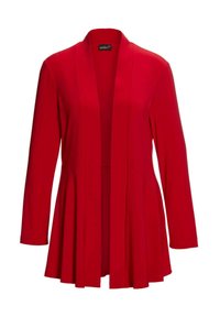 Rode cardigan met lange mouwen en open voorkant, met een uitlopende ontwerp en zachte stof. Eenvoudig, zonder zichtbare sluitingen of patronen.
