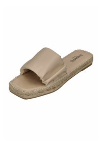 Beige slip-on sandal with a wide, soft ruffle strap and a textured espadrille sole. Interior features a cushioned footbed.