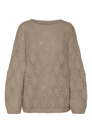 Bež pleteni pulover s labavim krojem, s uzorkom dijamantne rešetke i rebrastim manžetama i rubom. Mekana tekstura, okrugli izrez.