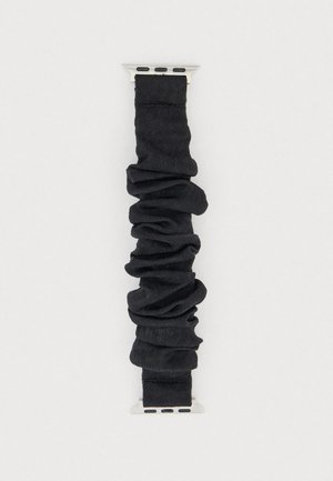Black fabric watch band with a ruched texture, featuring silver metal hardware at both ends for attachment.